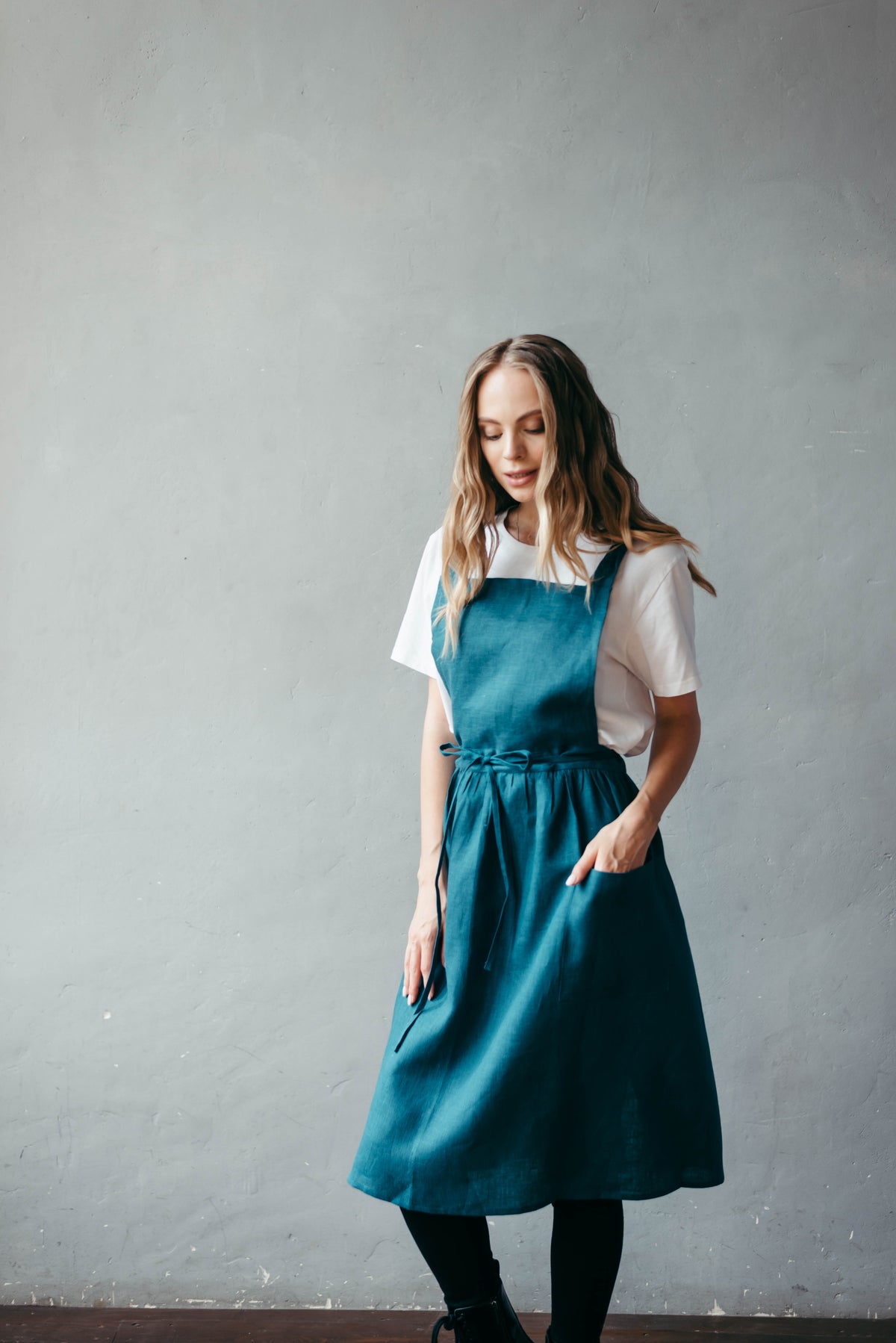Linen apron for women, styled in the kitchen