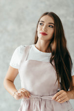 Cross back linen apron, linen fabric detail