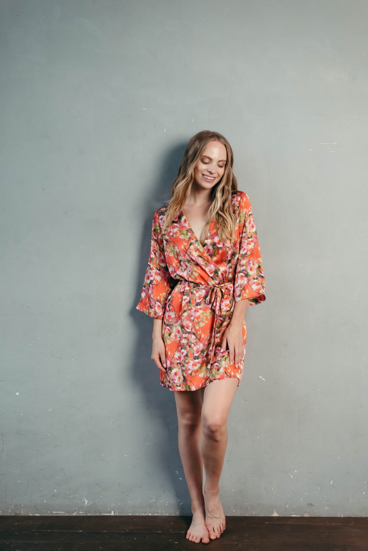 Satin floral kimono robe, back view