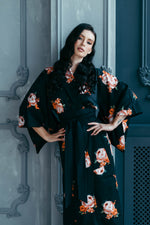 Japanese kimono with obi belt, styled