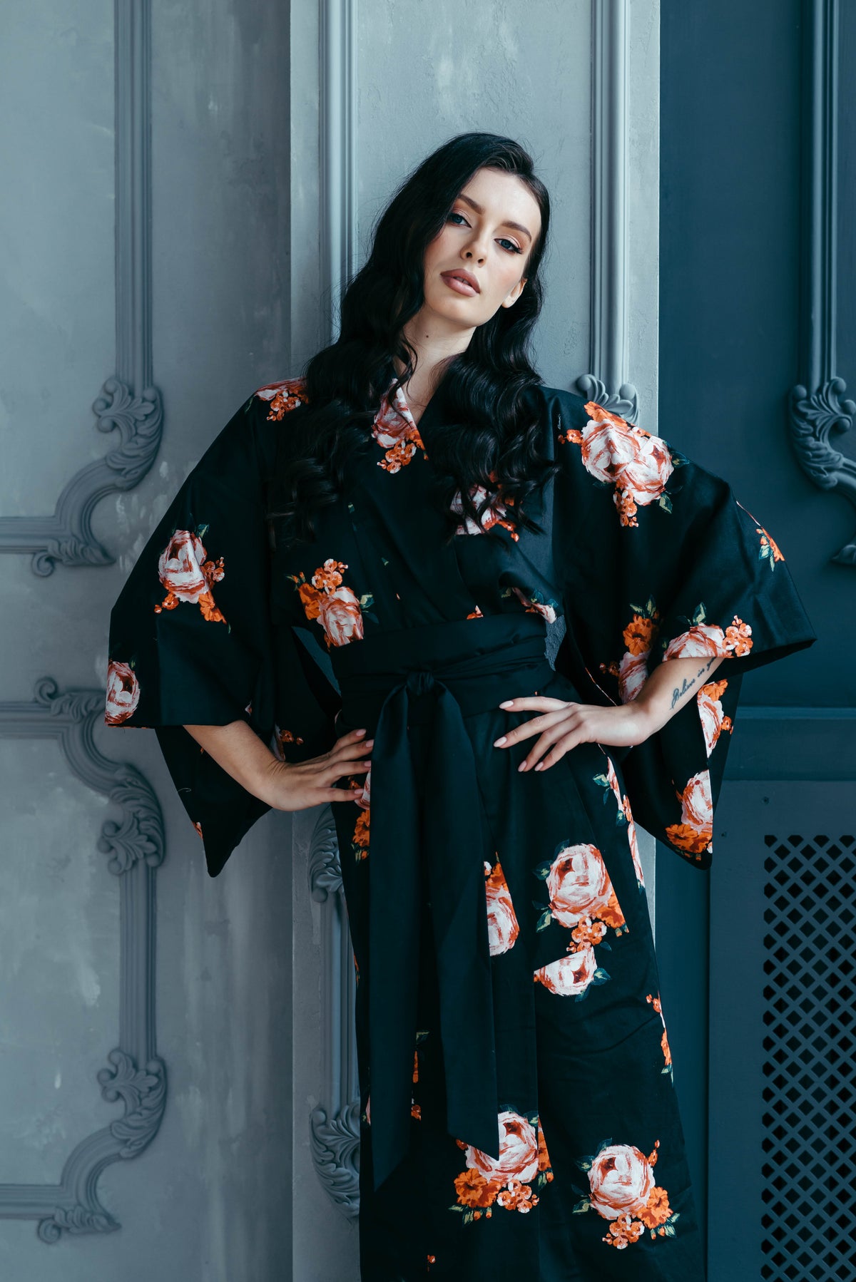 Japanese kimono with obi belt, styled