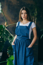 Denim pinafore apron, bow and strap detail