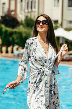 Short floral kimono robe, styled