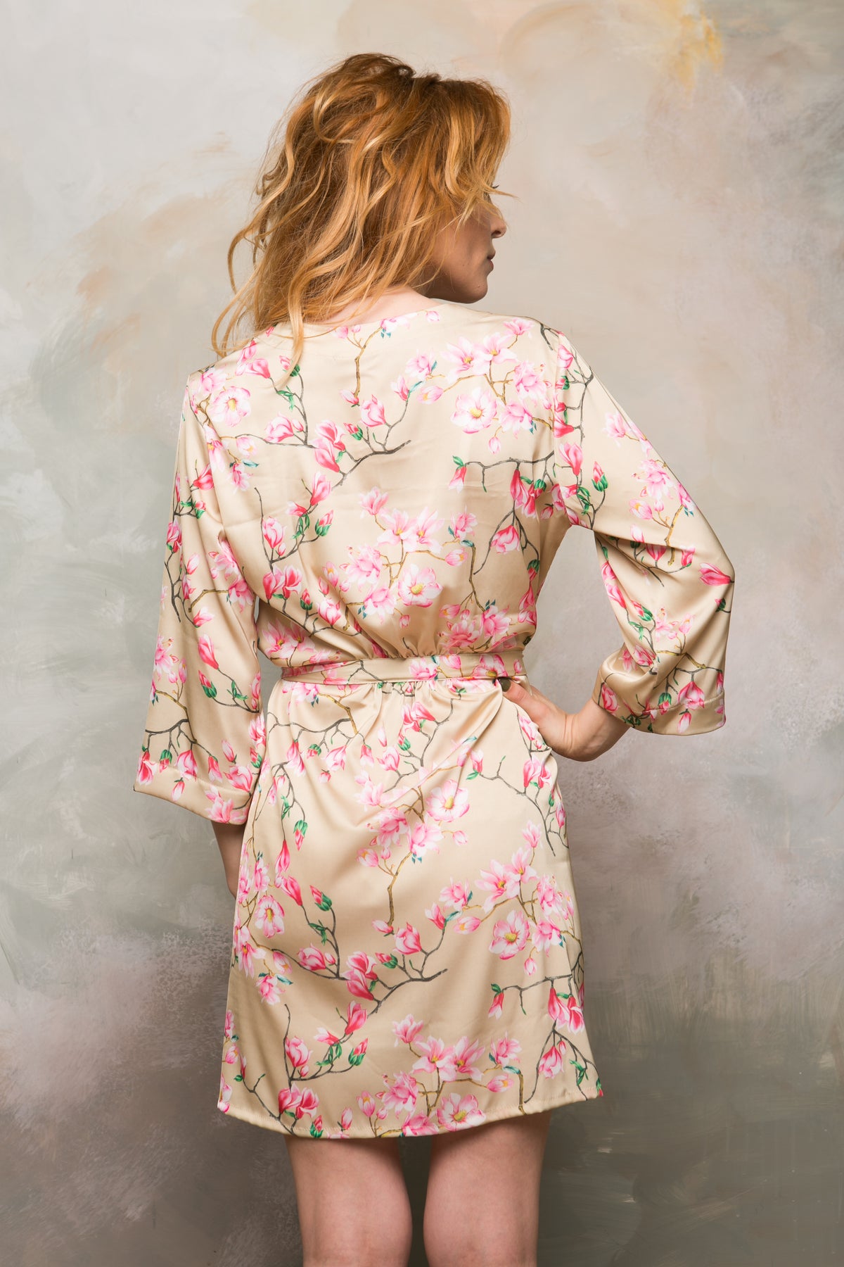 Floral satin robe, satin drape detail