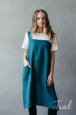 Linen pinafore apron dress in teal with personalised name