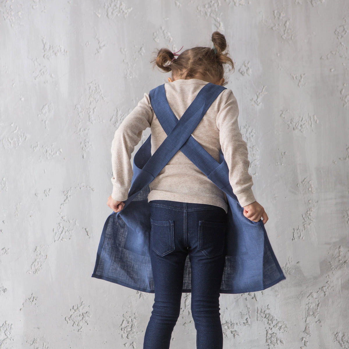 Kids linen pinafore apron in coastal blue