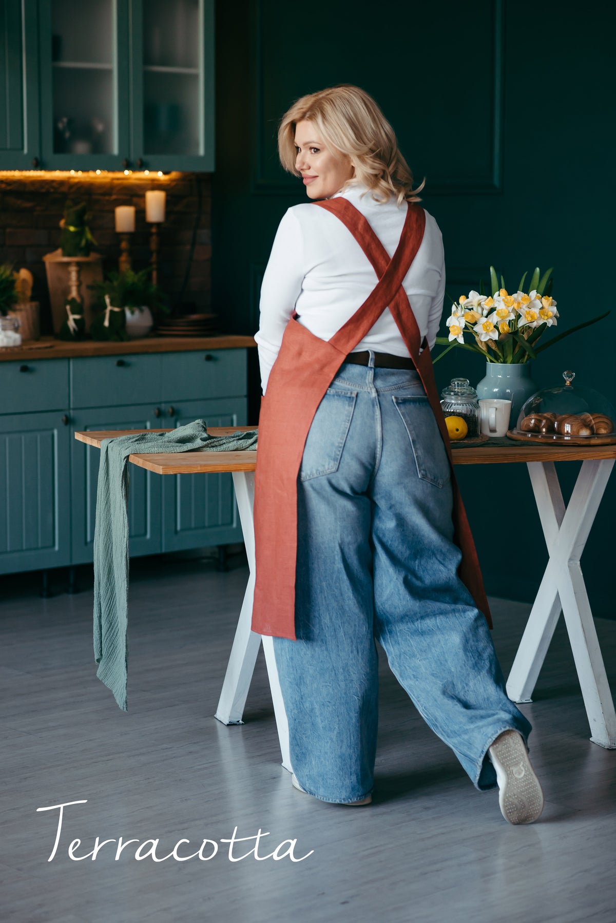 Personalised terracotta linen pinafore apron with embroidered name