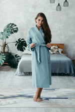 Linen robe for women in duck egg blue