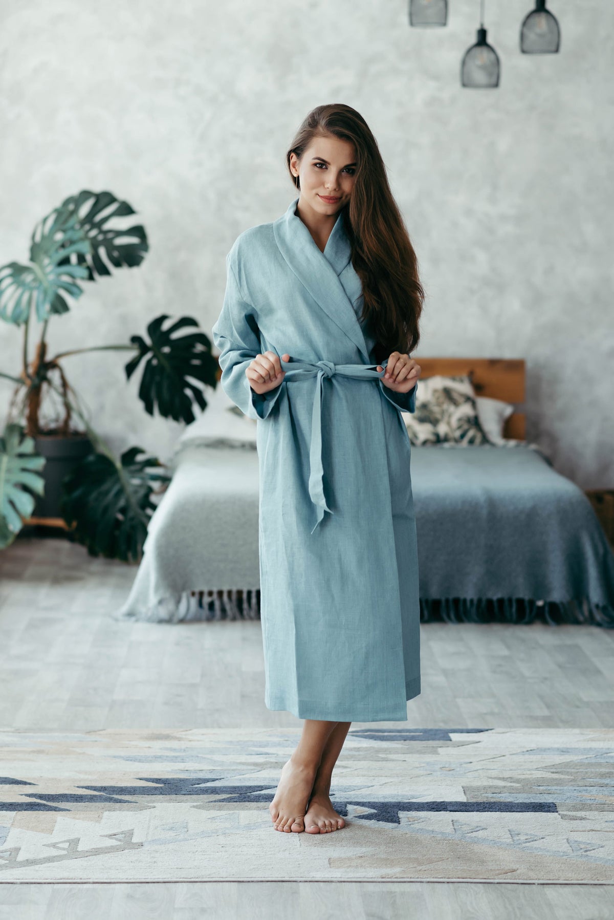 Linen robe for women in duck egg blue