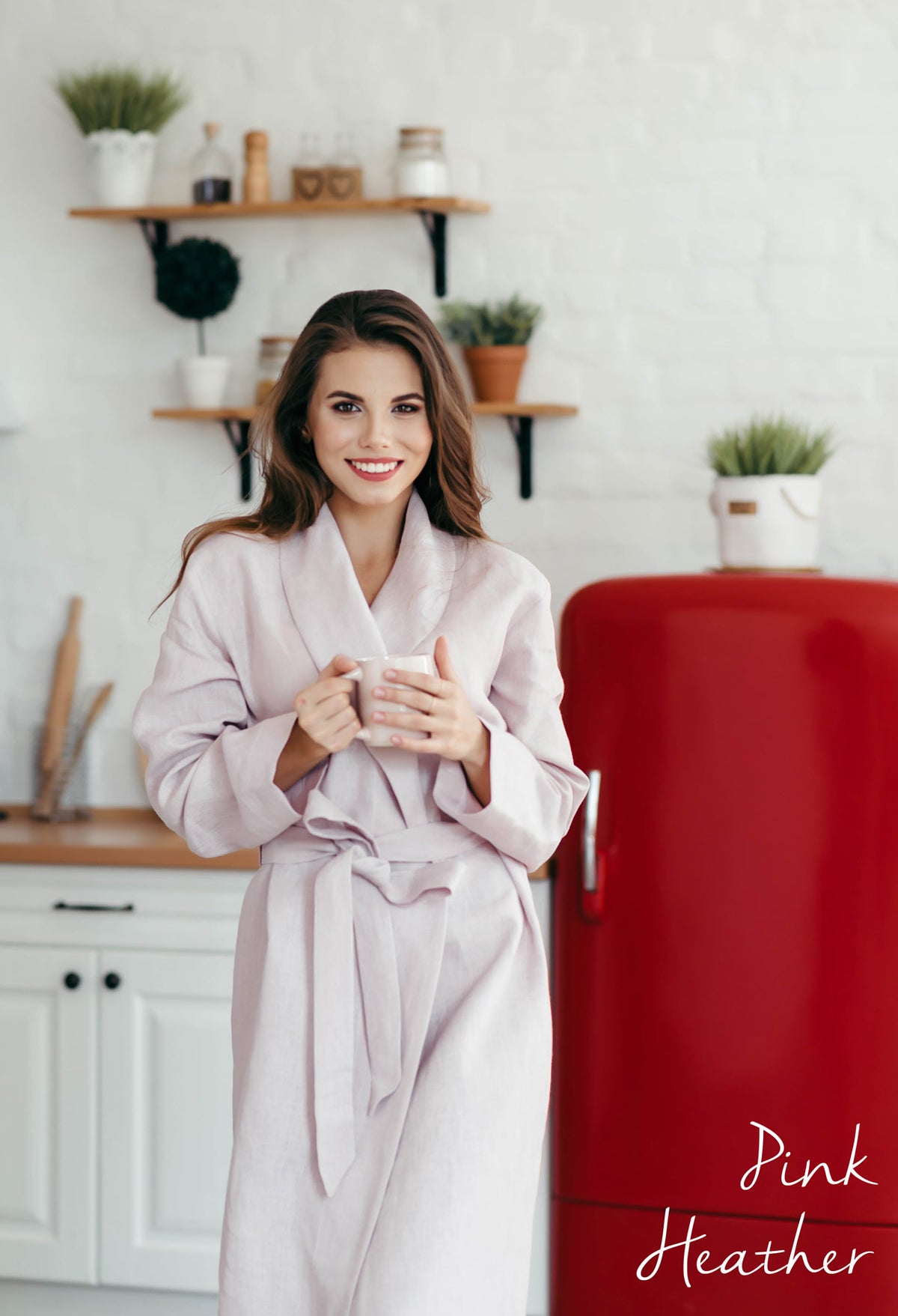 Linen robe for women in pale pink