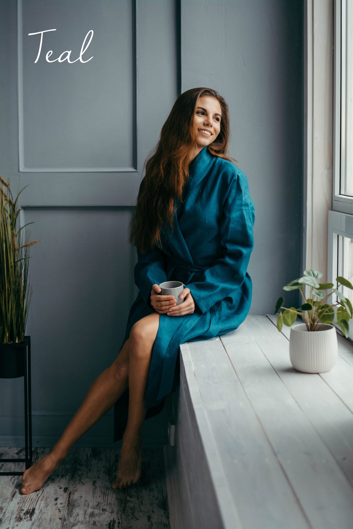 Linen robe for women in turquoise