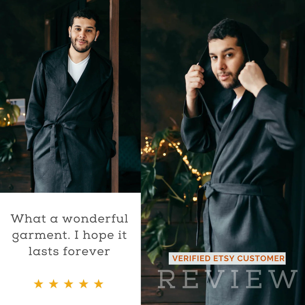 Men's linen robe with hood, styled shot