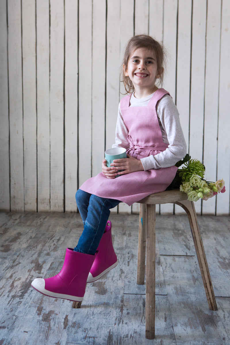 Antique rose linen apron, full length view