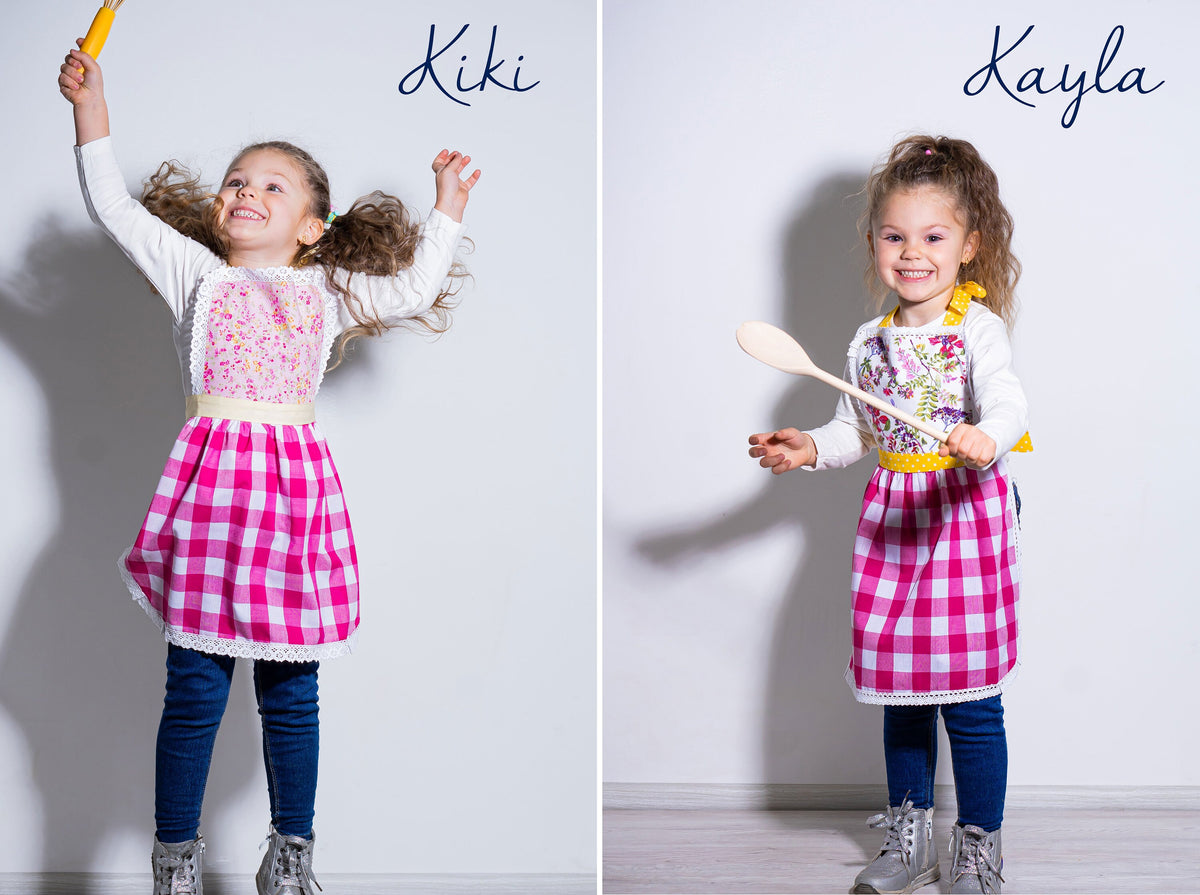 Kiki and Kayla kids aprons in pink gingham