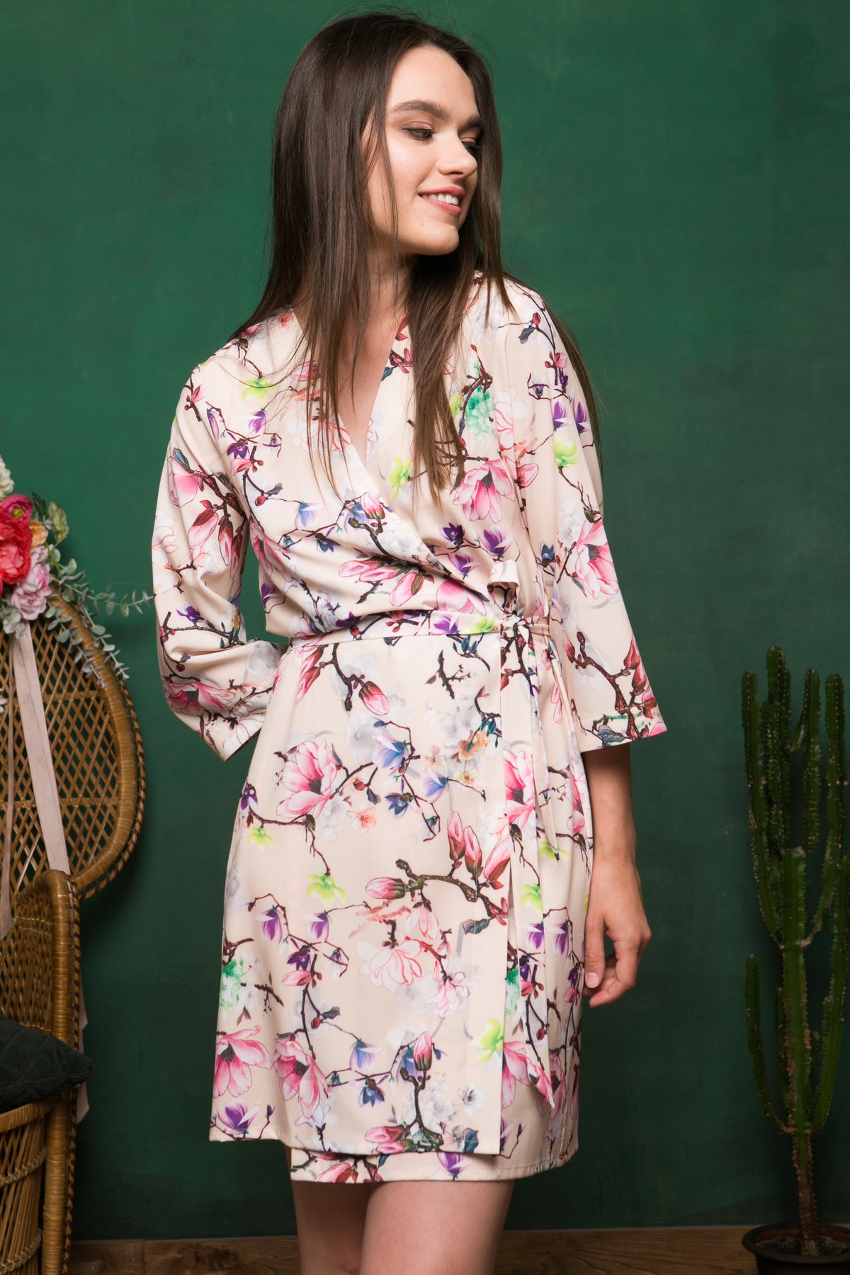 Printed crepe bridal party robe, styled on model