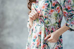 Printed crepe robe, full length view on model