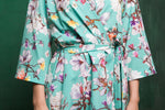 Printed crepe bridal party robe, tie belt detail