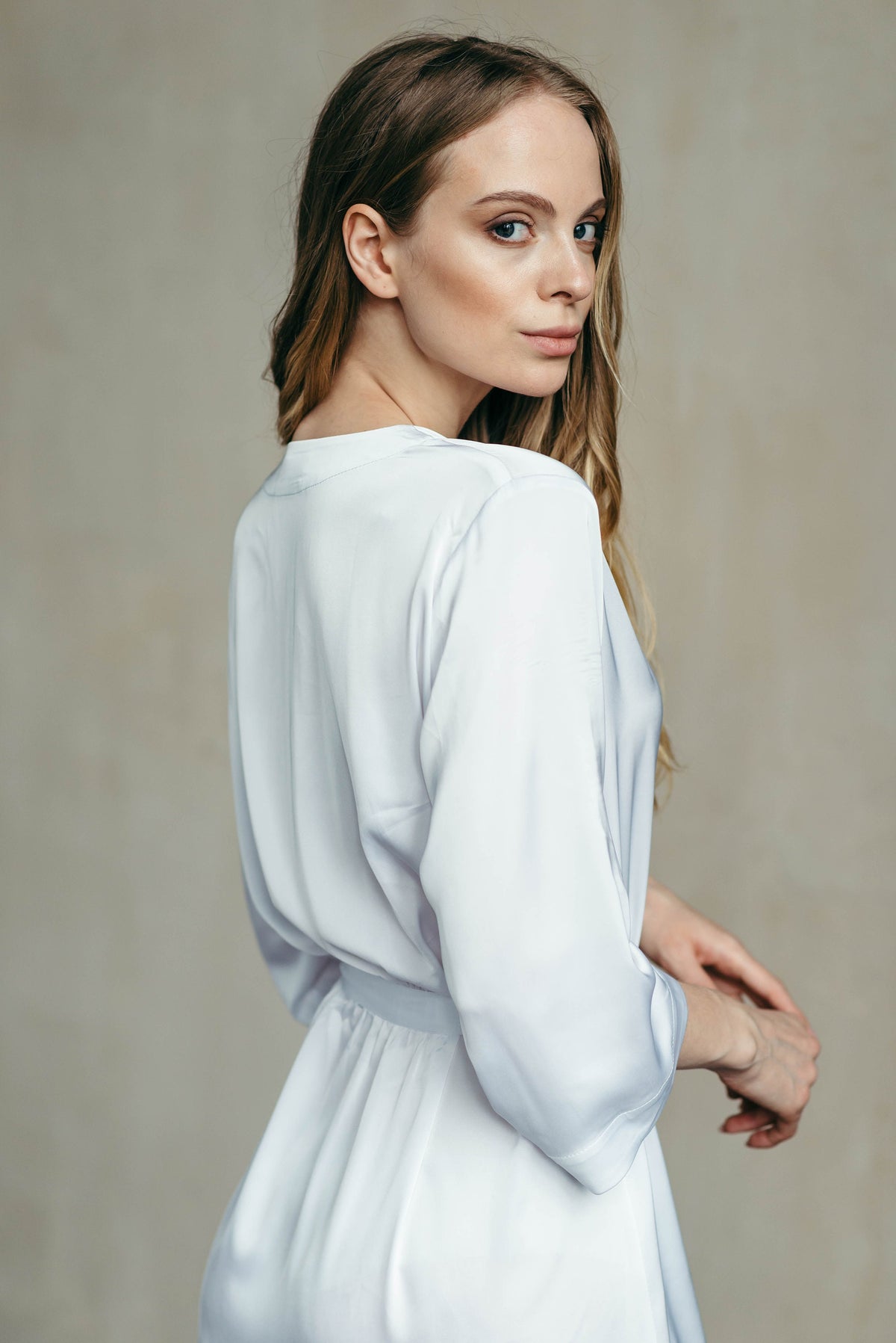 Beige satin bridal robe, front view