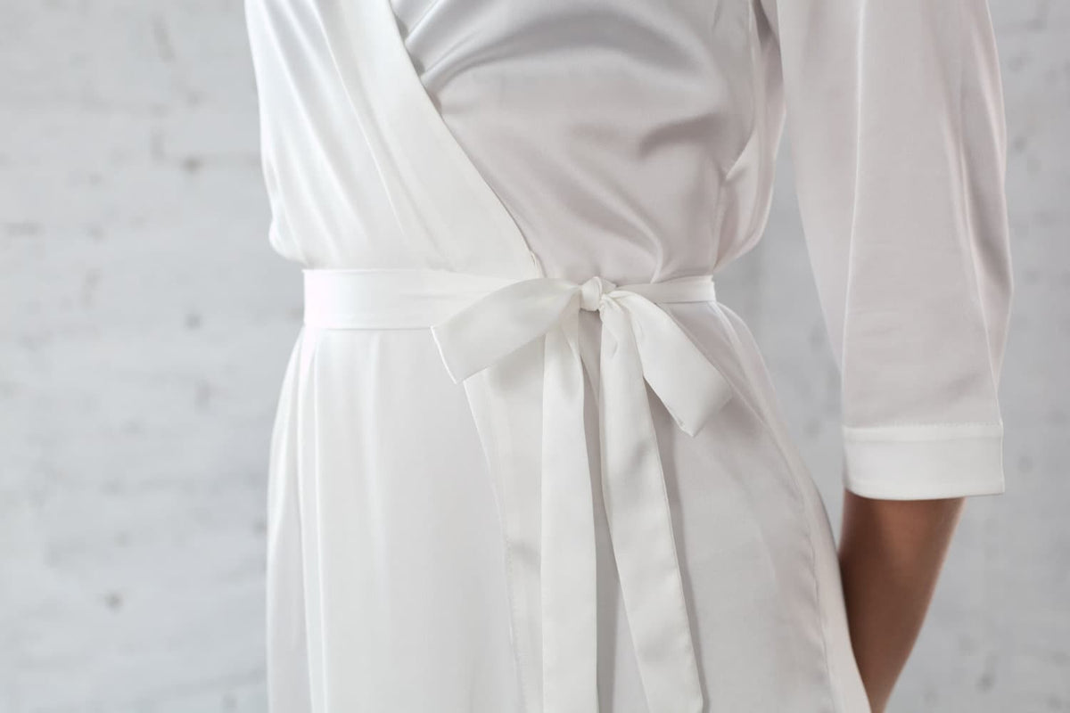 White bridal satin robe in long length, full length view