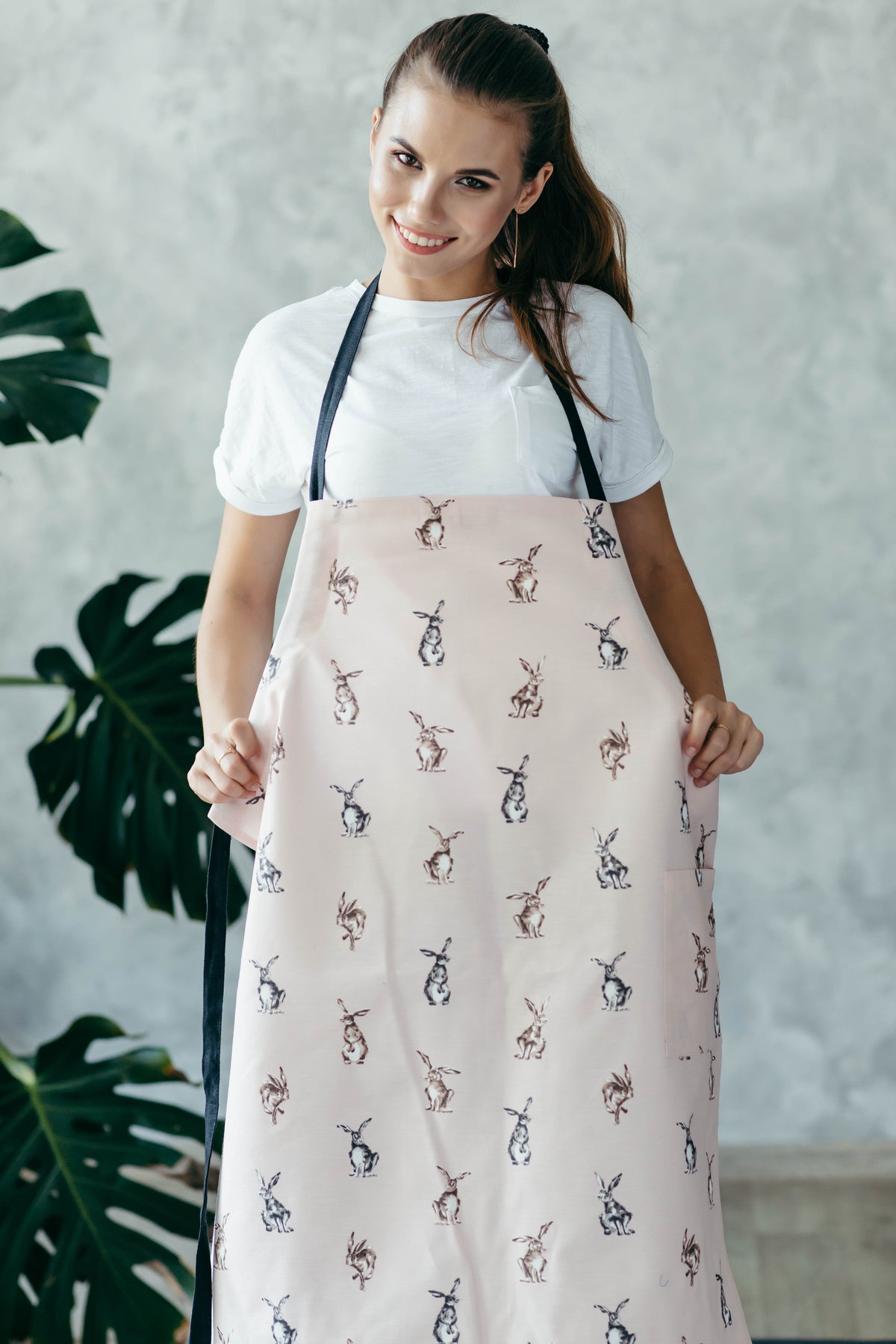 Bunny print kids apron, full length view