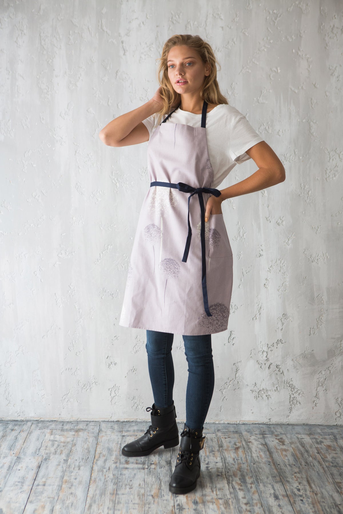 Lilac dandelion print cotton apron, front view