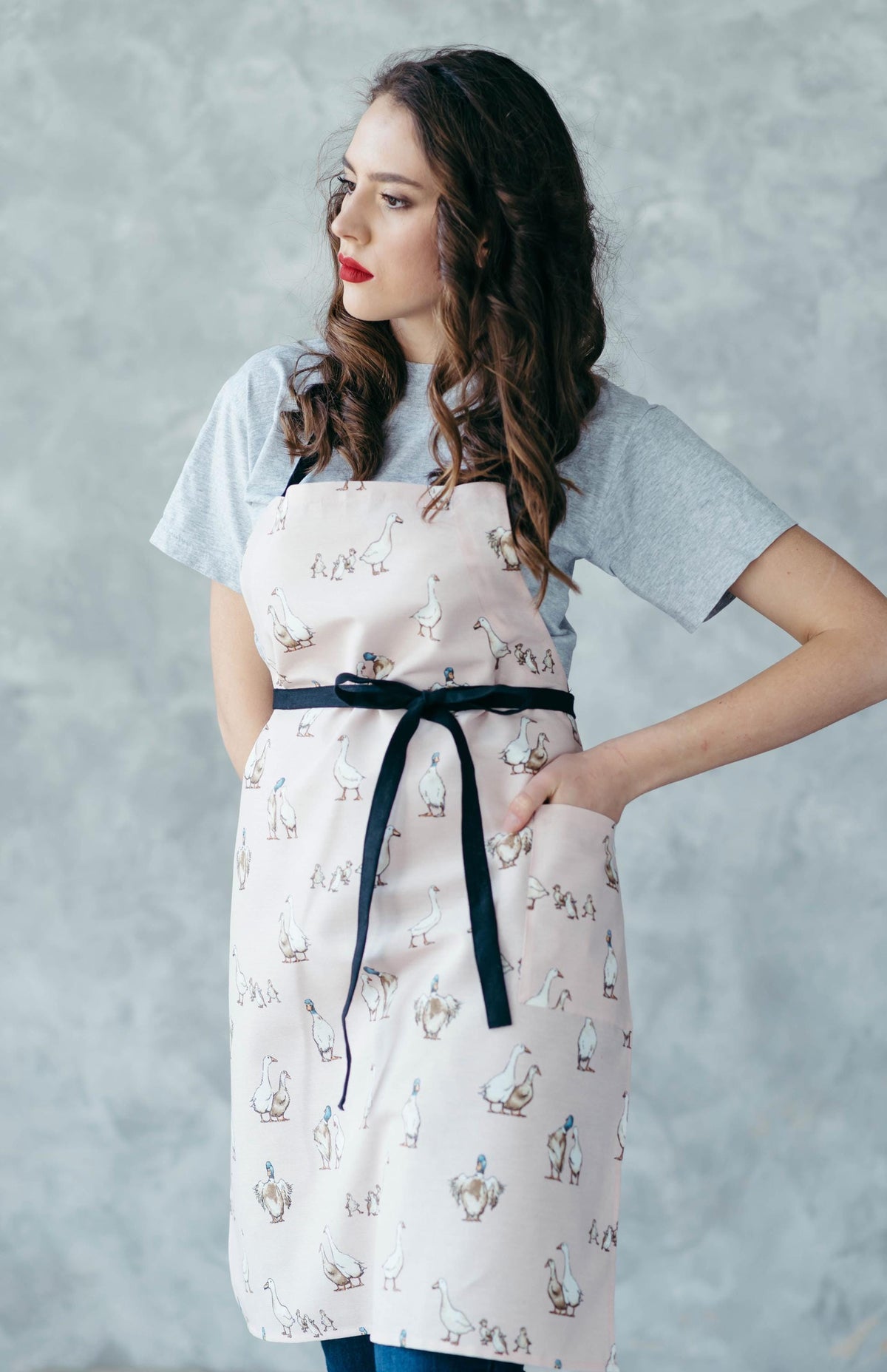 Duck print kids apron, full length view