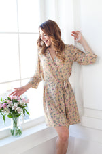 Floral chiffon kimono robe, styled on model