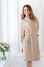 Long floral chiffon robe with lapels, front view
