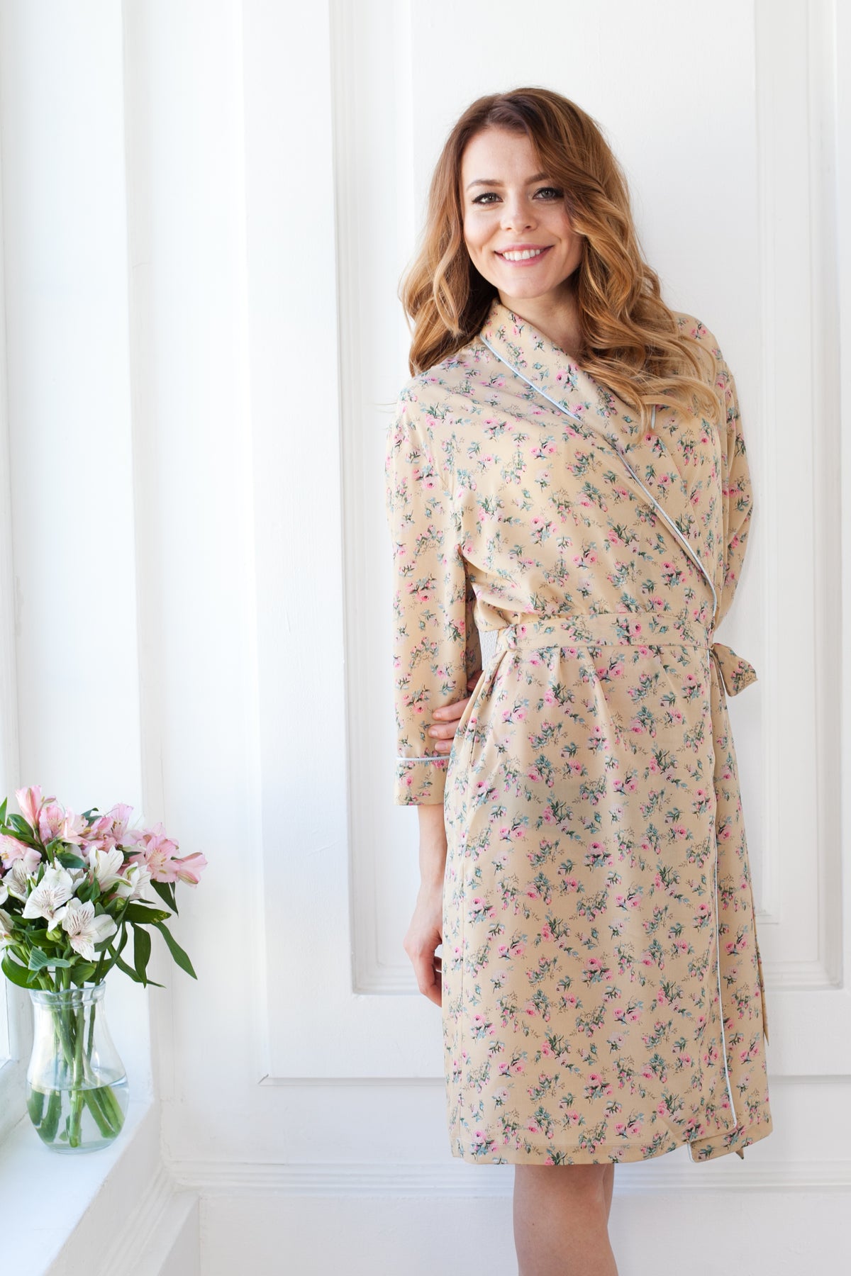 Long floral chiffon robe with lapels, front view