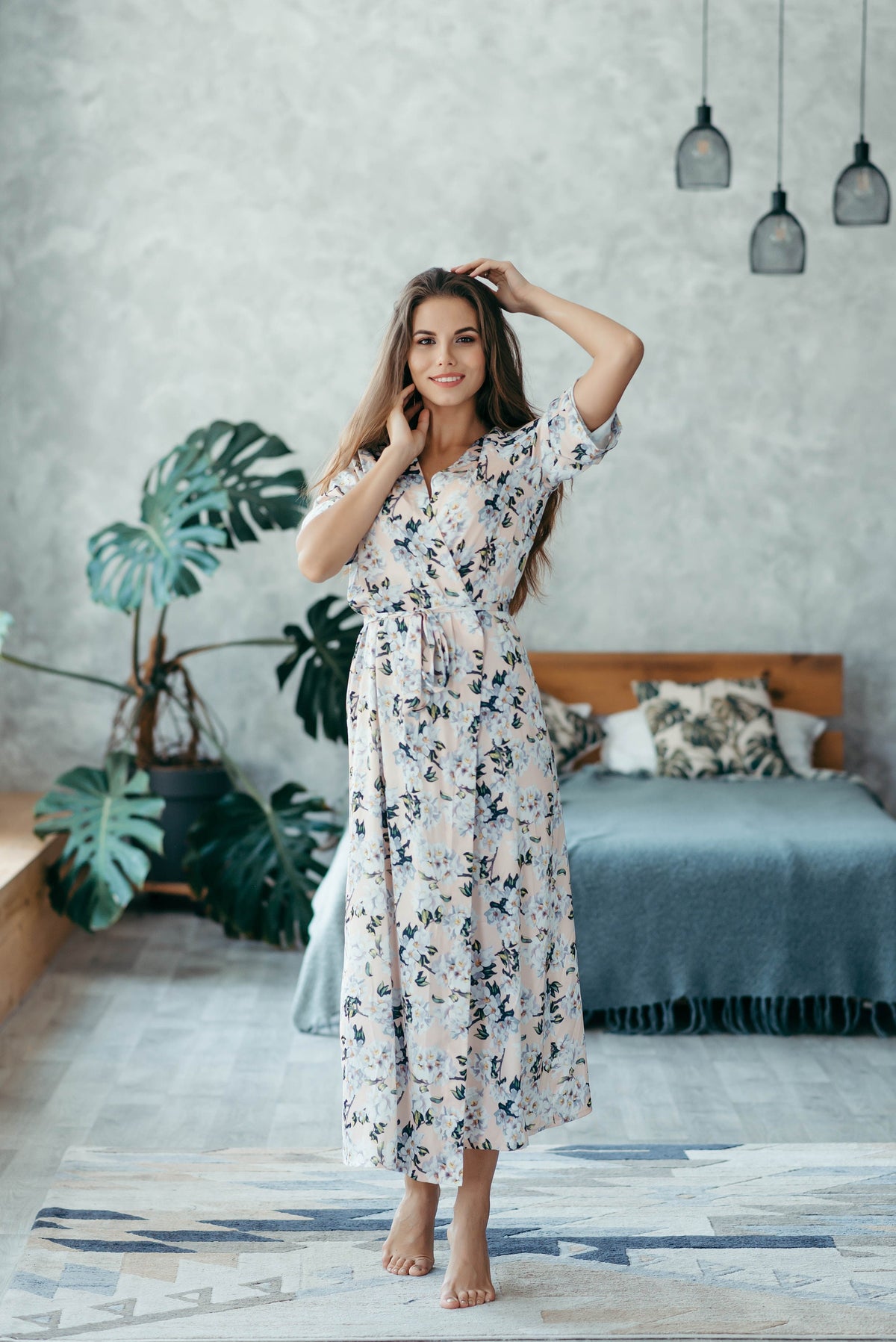 Peach floral satin robe in ankle length, front view
