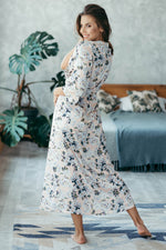 Peach floral satin robe, ankle length styled on model