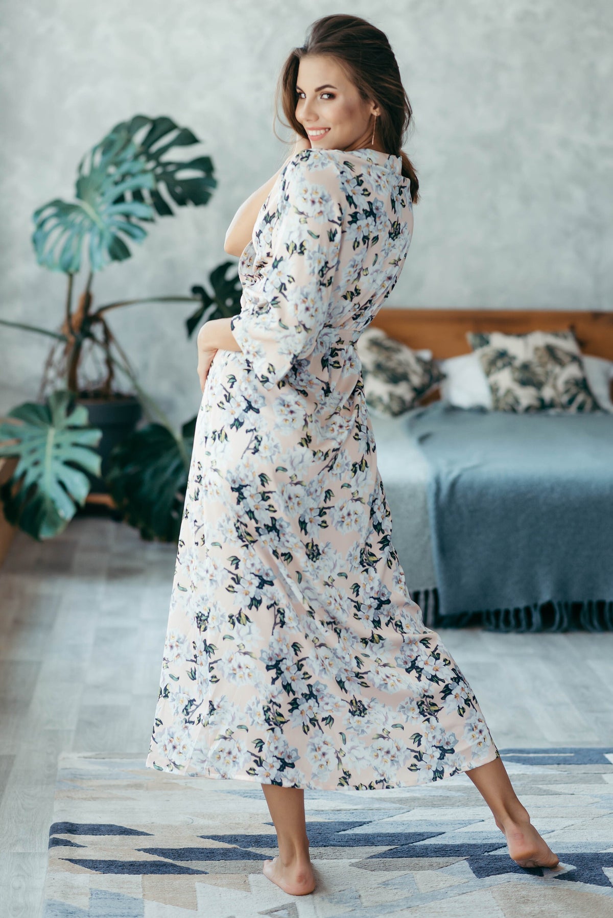 Peach floral satin robe, ankle length styled on model
