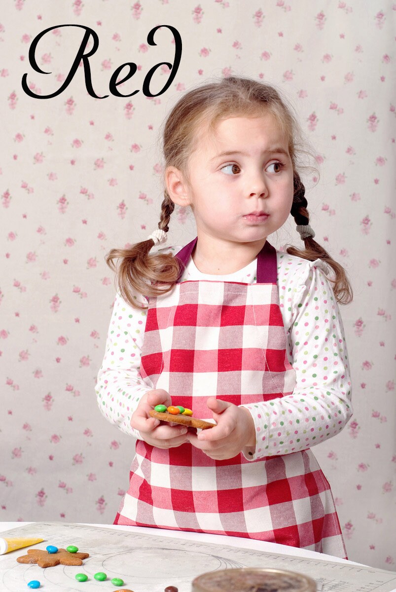 Gingham check apron with pocket, cotton texture