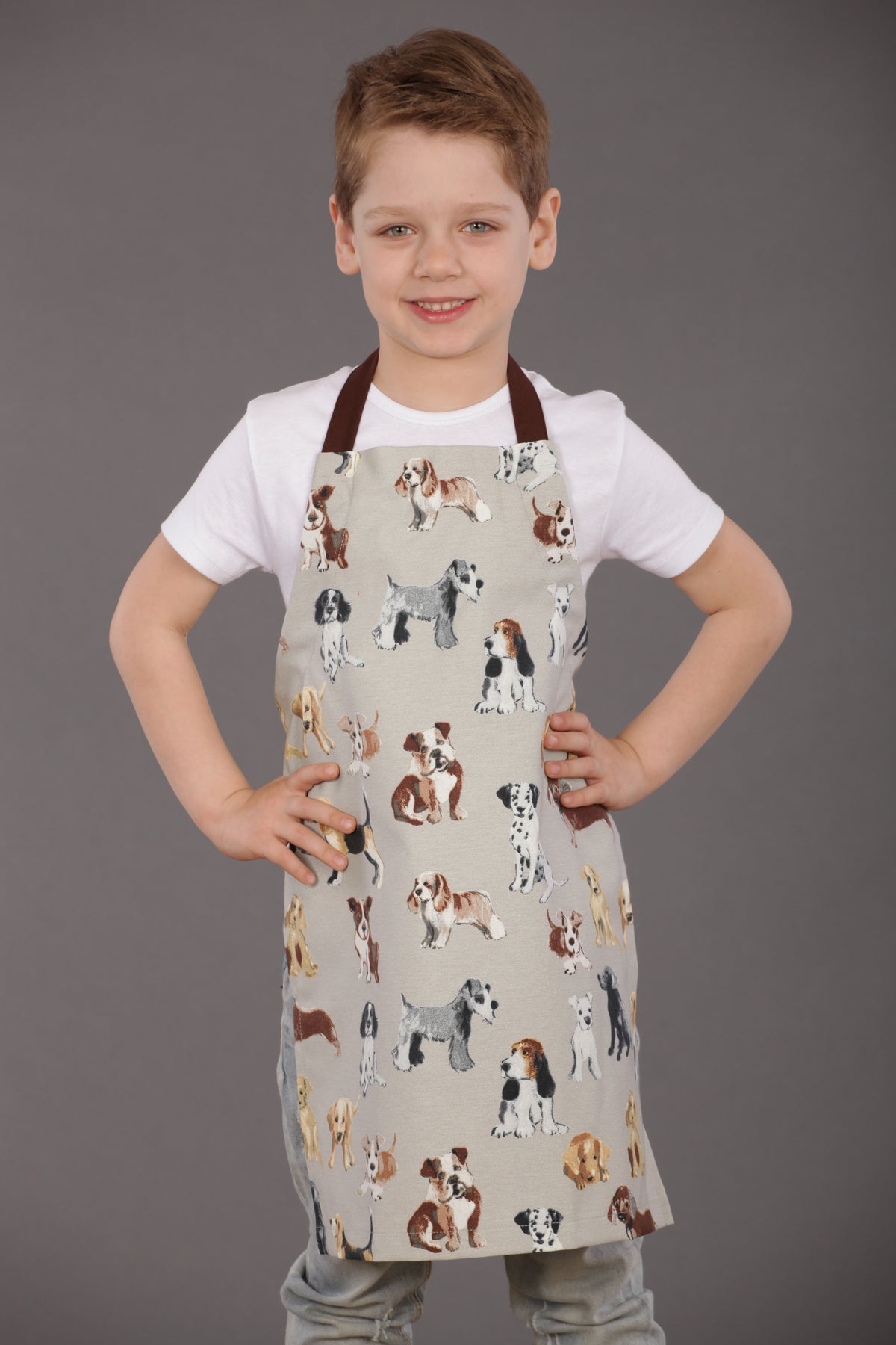 Cat and dog print kids apron in grey, front view