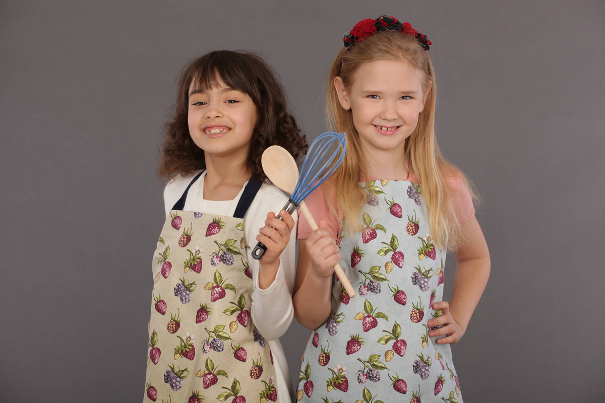 Cotton canvas apron fabric and strawberry print, close view