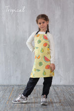 Kids chef aprons shown in several prints