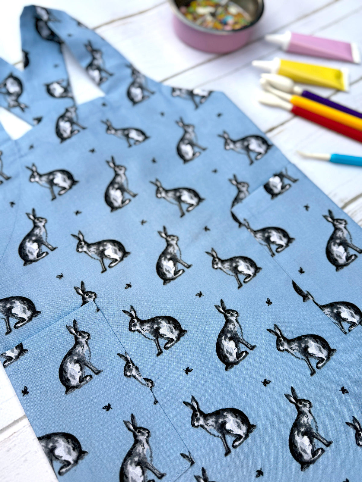Blue hare print toddler apron for boys