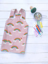 Pink rainbow kids pinafore apron, cross back with no ties