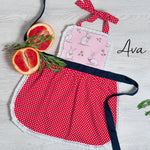 Lace apron with embroidered name, floral print