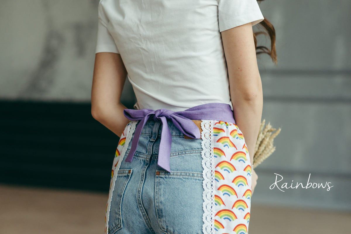 Rainbow print kids apron, styled