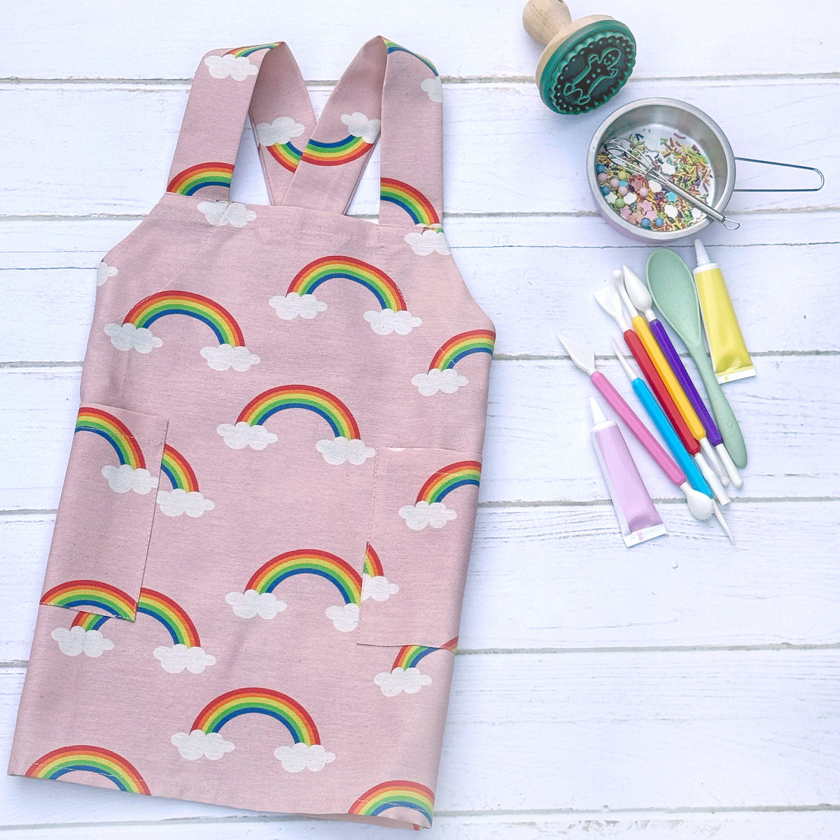 Pink rainbow pinafore apron for toddlers, no ties