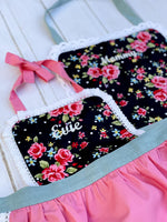Burgundy lace apron for girls, gathered skirt