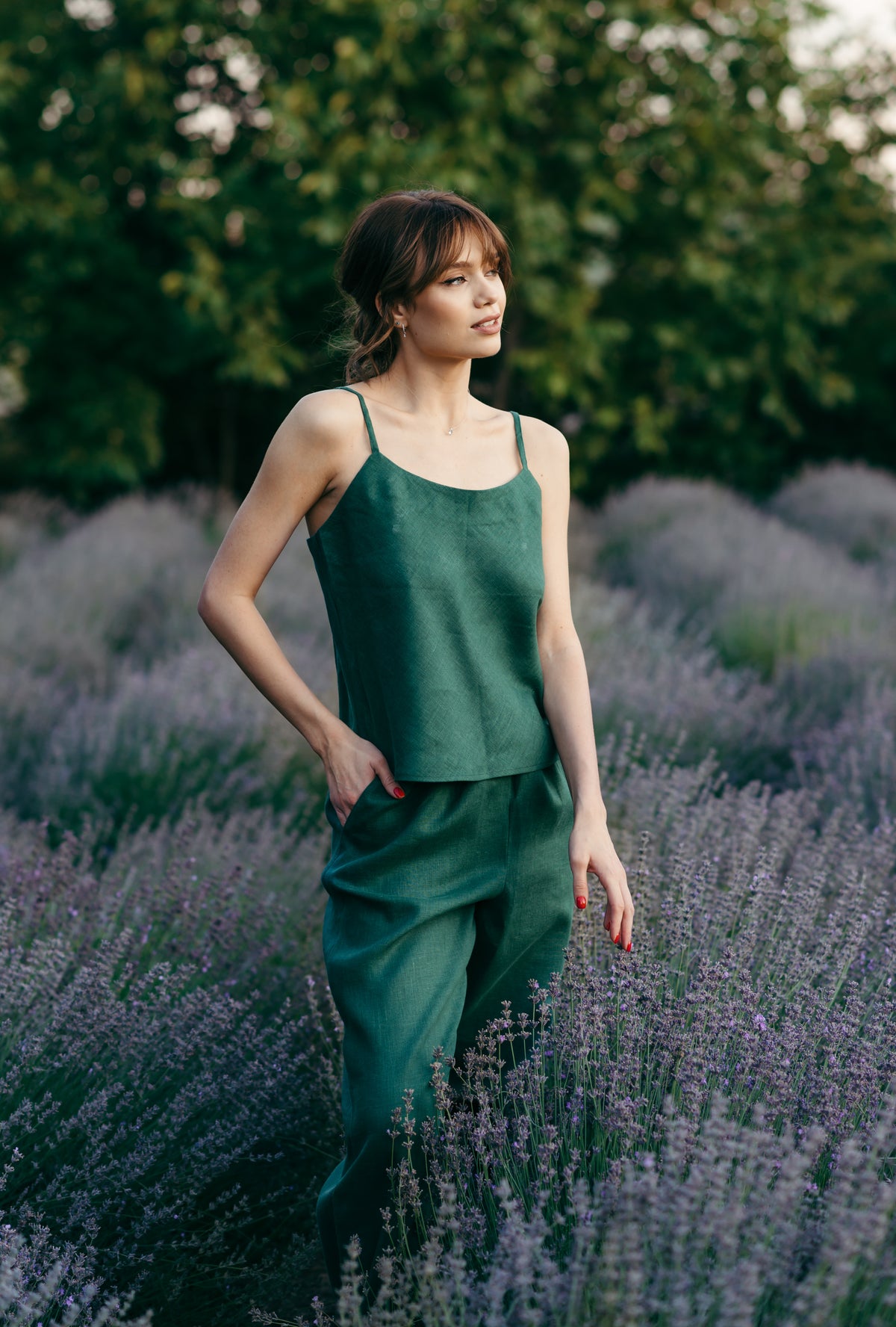 Womens linen pyjamas with pockets, full length view