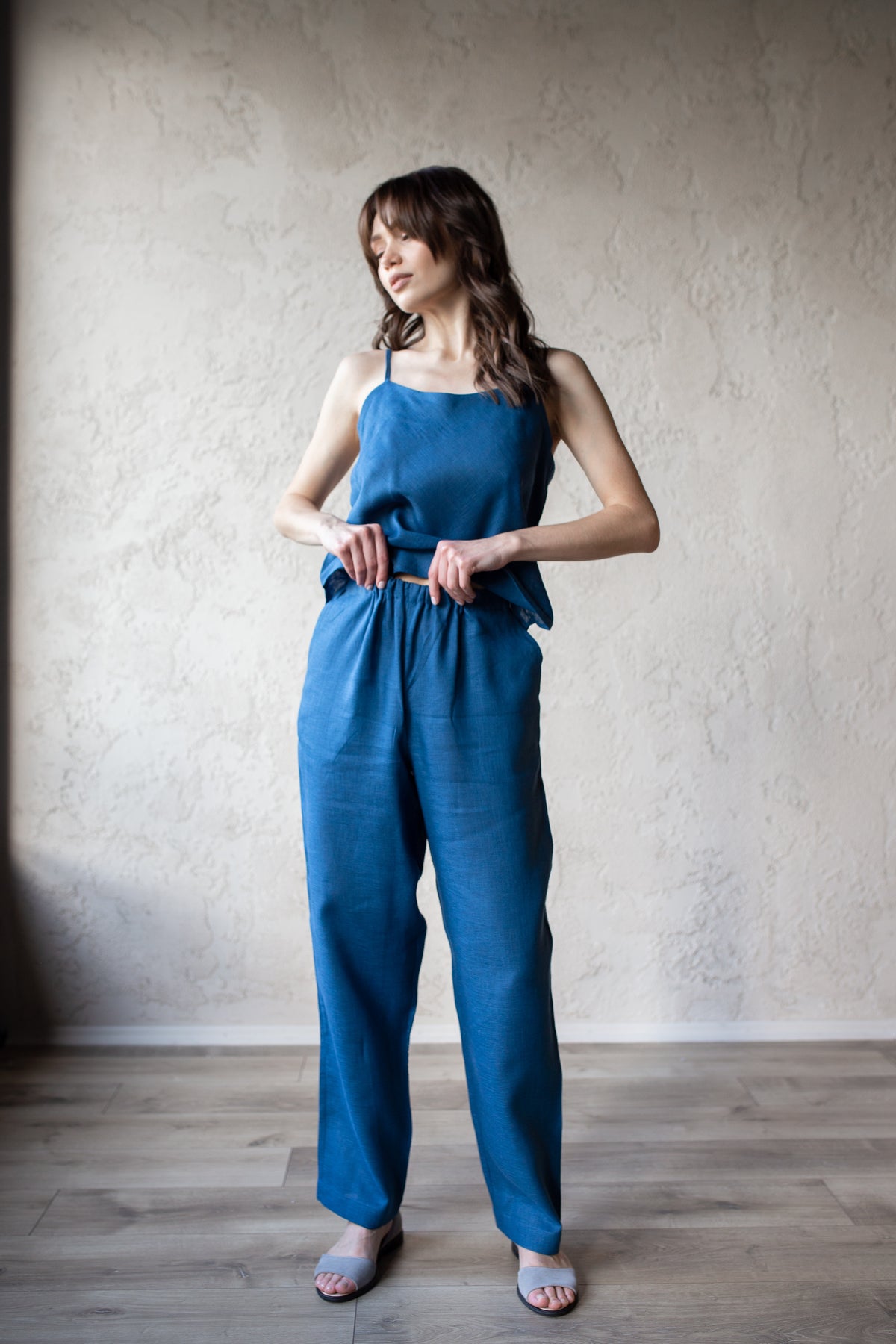 Linen pyjama set styled as loungewear