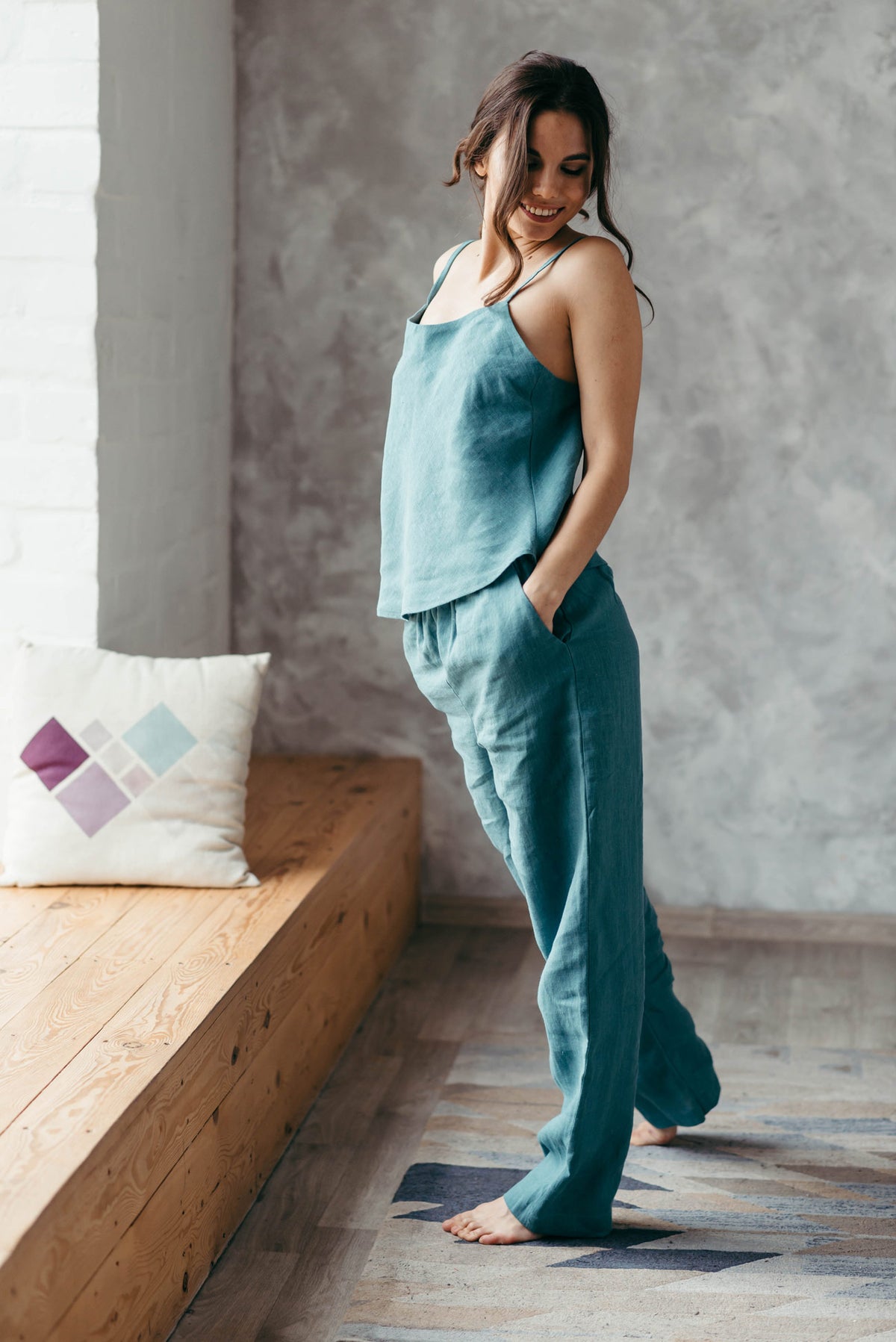 Teal linen pyjama set, cami and loose trousers