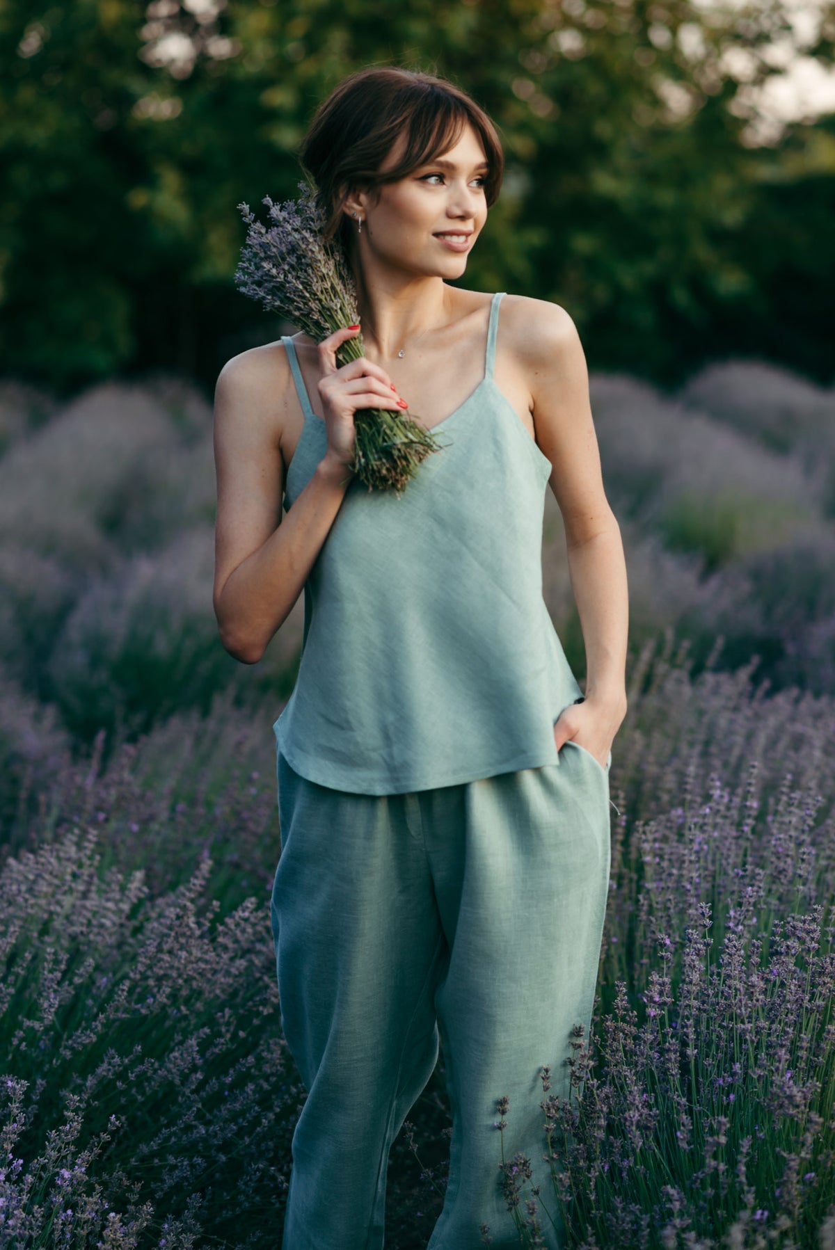 Turquoise linen pyjama set, cami and trousers