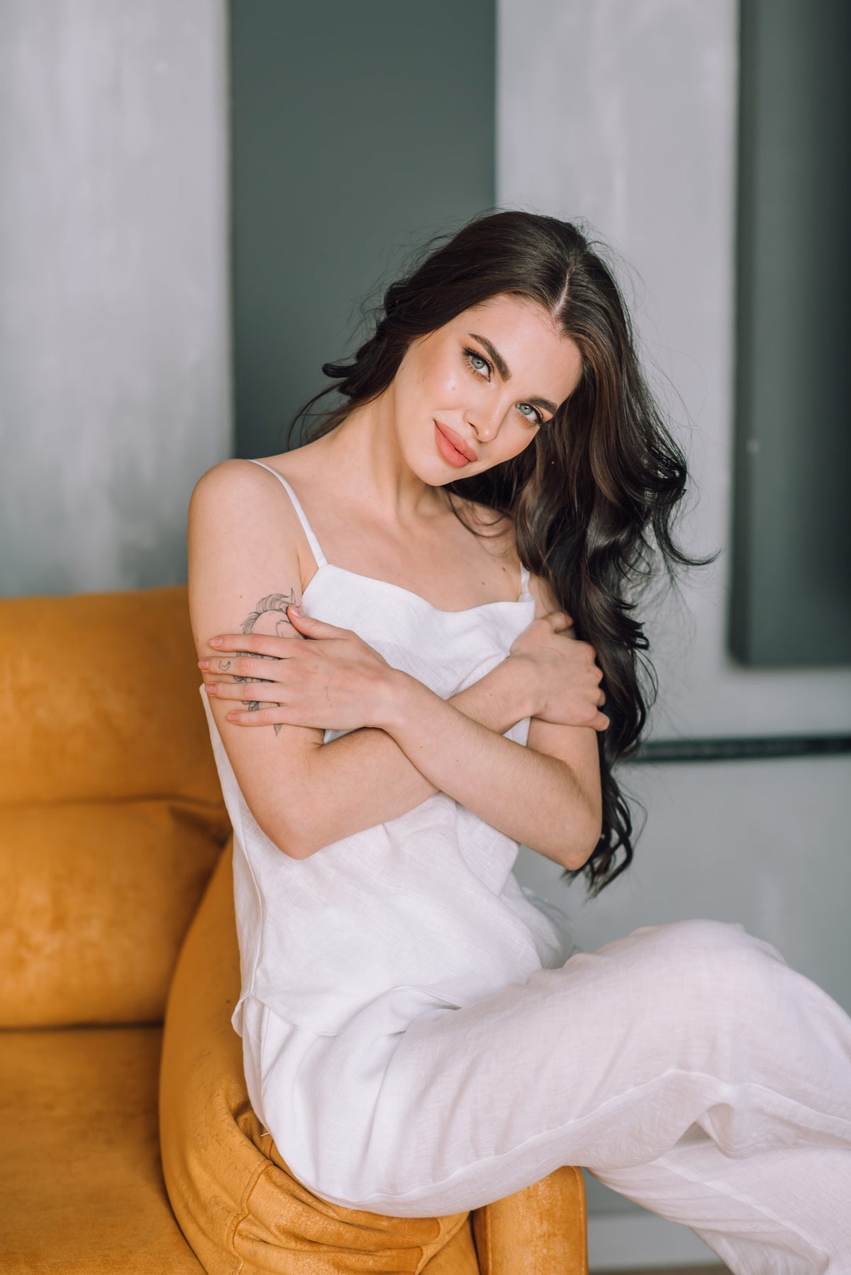 White linen pyjama set, cami and trousers