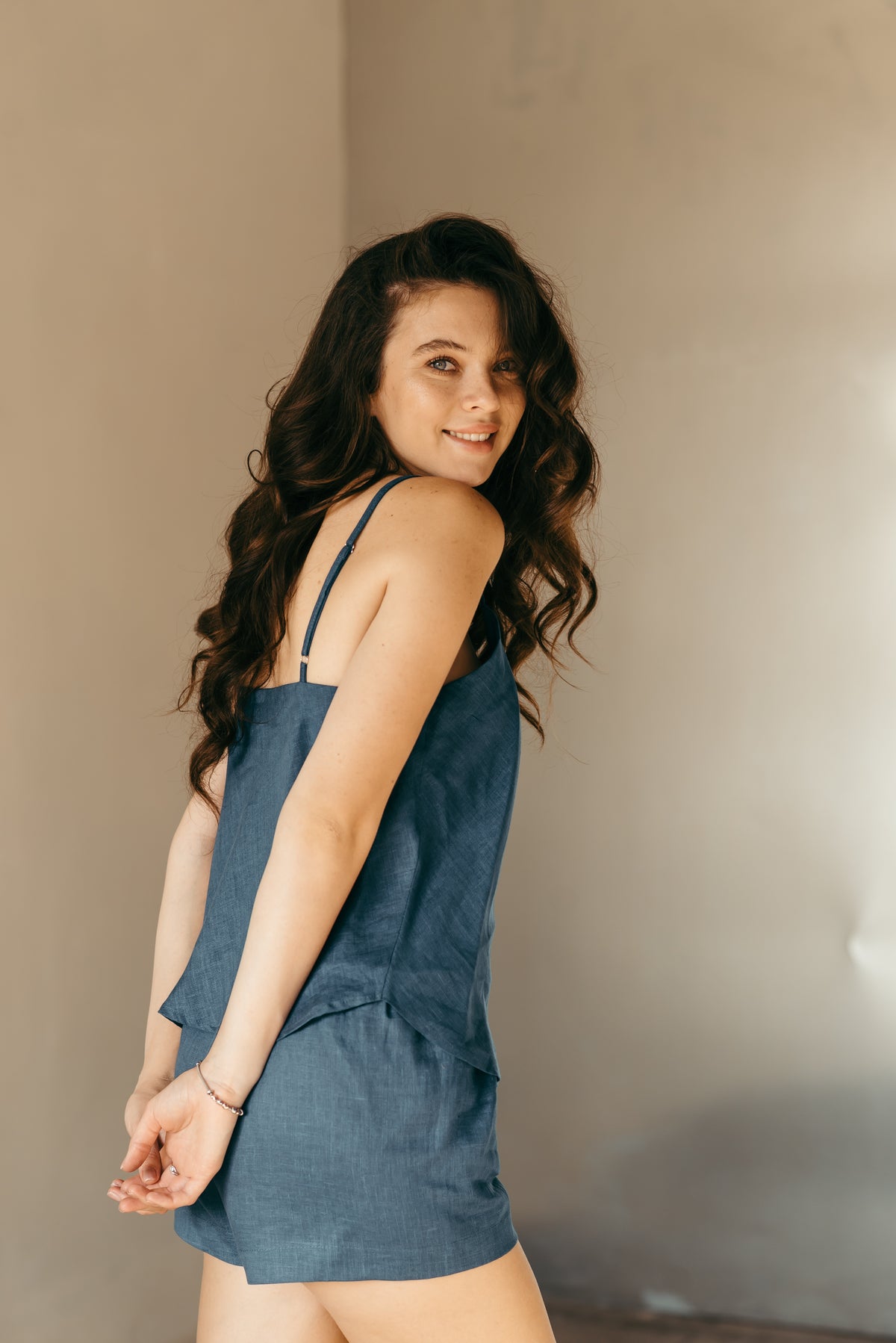 Blue linen pyjama shorts and cami, front view