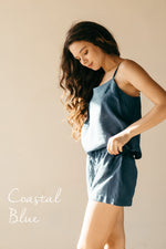 Blue linen pyjama set, cami and shorts