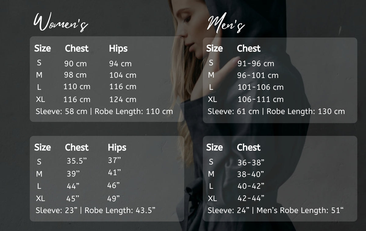 Linen robe size guide, chest and hip measurements for S to XL